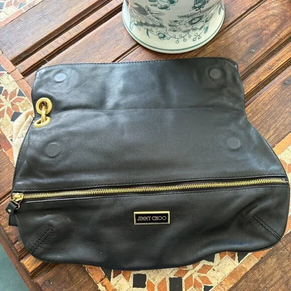 Jimmy Choo Black Leather Mave Foldover Clutch Carry Bag Authentic - Picture 9 of 17